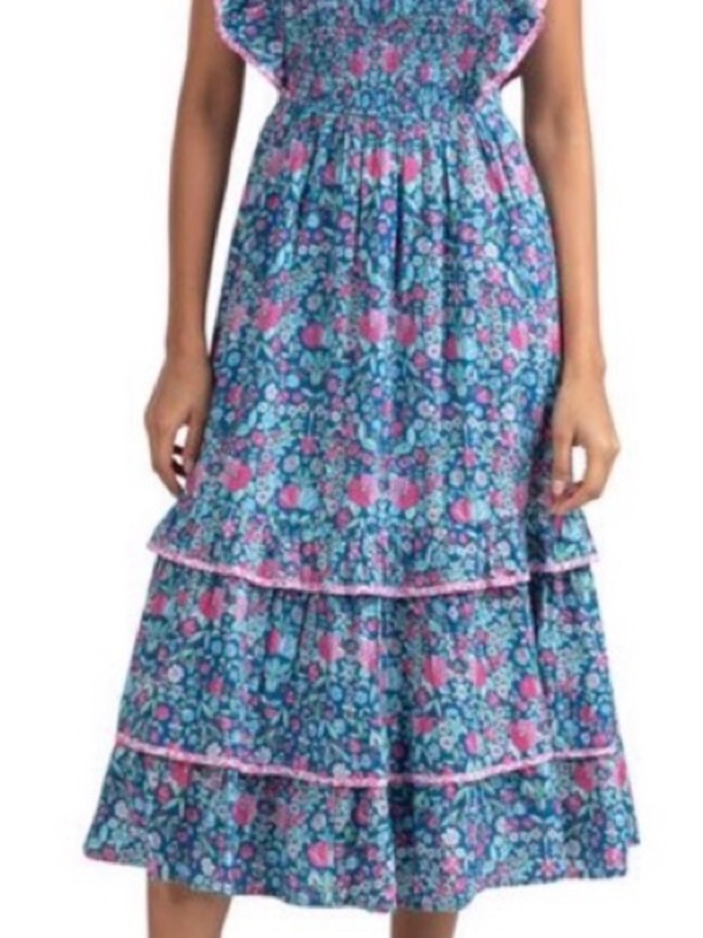 Shoshanna Floral Tiered Midi Skirt in Blue and Pink